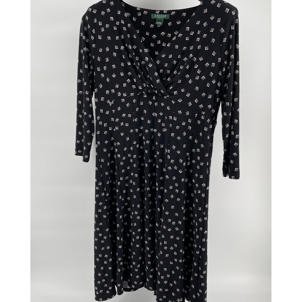 Lauren Ralph Lauren Knit Midi Dress 16 Black Geom Print Empire Waist V-Neck